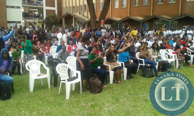 Students at Ridgeway campus listen to UPNd president Hakainde Hichilema