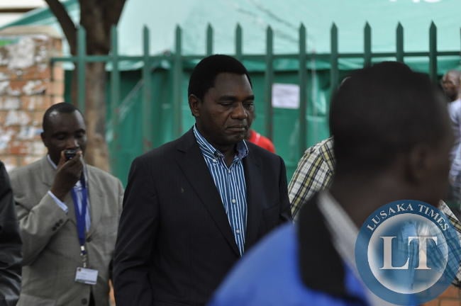 UPND president Hakainde Hichilema leaves the City Library Polling Centre in Lusaka