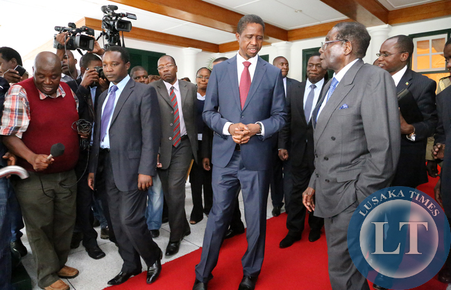 President Edgar Lungu with President Robert Mugabe after 4hours official talks at Harare Statehouse in Zimbabwe on Friday 06-02-2015 PICTURE BY EDDIE MWANALEZA/STATEHOUSE. President Edgar Lungu with President Robert Mugabe after 4hours official talks at Harare Statehouse in Zimbabwe on Friday 06-02-2015 PICTURE BY EDDIE MWANALEZA/STATEHOUSE.