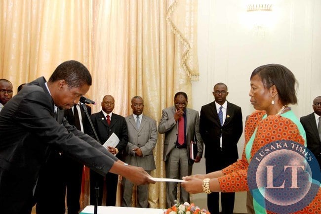 President Edgar Lungu with High Commissioner designate, Kingdom of Lesotho Evelyn Malejaka Letooane (r) during the presentation of credentials at Sate House on February 18,2015 -Picture by THOMAS NSAMA
