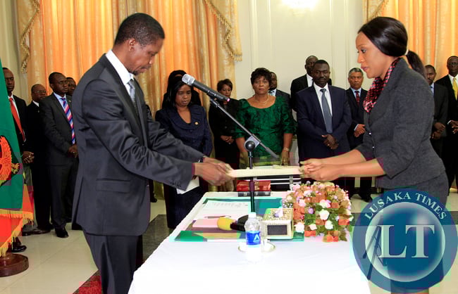 President Edgar Lungu During the Swearing in ceremony of Ms Mwaba Doreen Mwaba Chief Policy Analystat Statehouse on Thursday 19th February 2015, Picture By EDDIE MWANALEZA/STATEHOUSE.