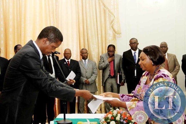 President Edgar Lungu with Kenya's High Commissioner to Zambia Sophy Kadso Kombe (r) during the presentation of credentials at Sate House on February 18,2015 -Picture by THOMAS NSAMA