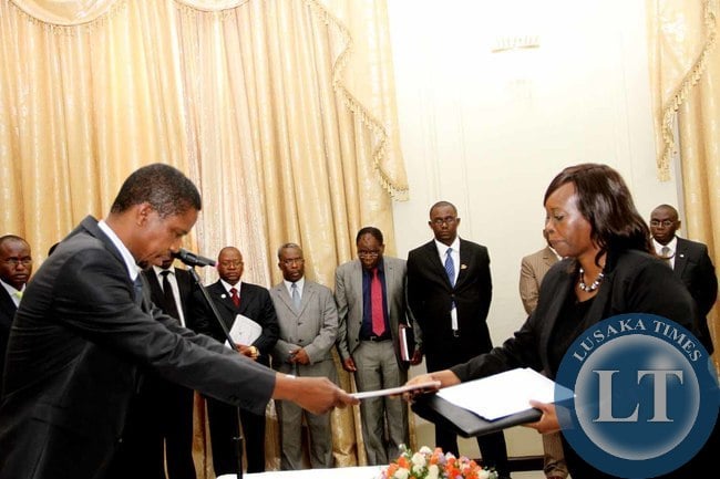 Zimbabwean Ambassador to Zambia Getrude Radzao Takawira during the presentation of credentials to President Edgar Lungu at Sate House on February 18,2015 -Picture by THOMAS NSAMA