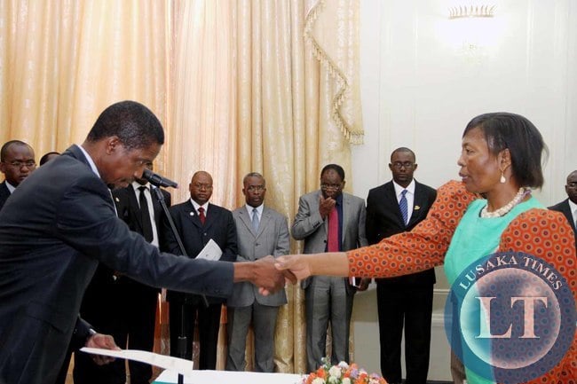 President Edgar Lungu with High Commissioner designate, Kingdom of Lesotho Evelyn Malejaka Letooane (r) during the presentation of credentials at Sate House on February 18,2015 -Picture by THOMAS NSAMA