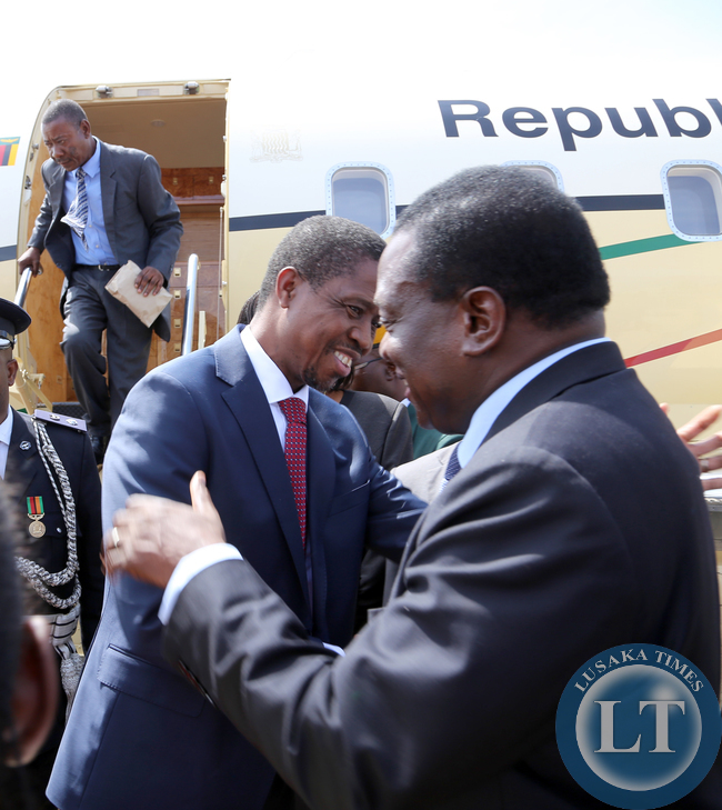 President Edgar Lungu with Zimbabwean vice President Minister Emmerson Mnangagwa at Harare, Zimbabwe. Picture By EDDIE MWANALEZA /STATEHOUSE