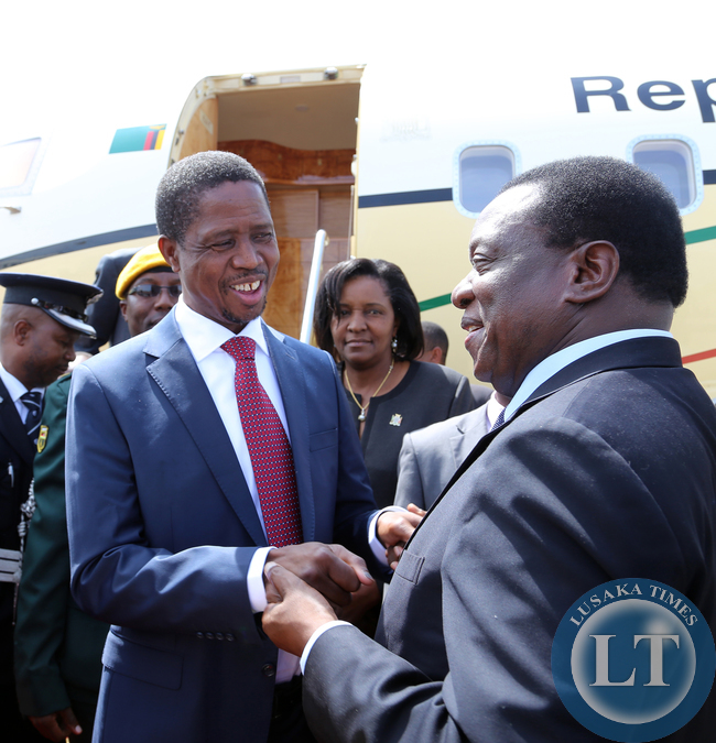 President Edgar Lungu with Zimbabwean vice President Minister Emmerson Mnangagwa at Harare, Zimbabwe. Picture By EDDIE MWANALEZA /STATEHOUSE