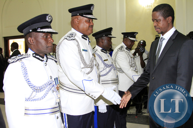 President Edgar Lungu during the Swearing in Ceremony of Mr Malcom Mutale Mulenga Deputy IG, Stanslous Agrippa Mukuka Chewe as Commissioner of Police Northern Province,Mr Hudson Namachila Commissioner of Police Eastern Province,Mr Auxensio Daka Commisione
