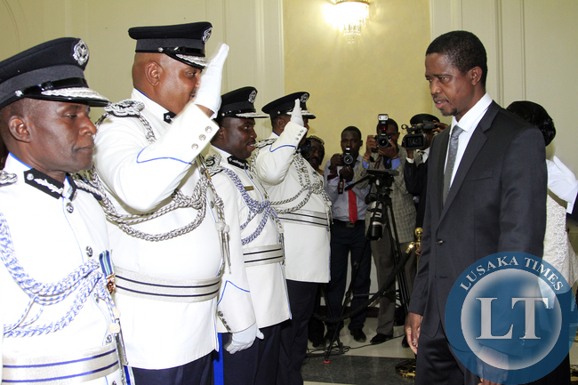 President Edgar Lungu during the Swearing in Ceremony of Mr Malcom Mutale Mulenga Deputy IG, Stanslous Agrippa Mukuka Chewe as Commissioner of Police Northern Province,Mr Hudson Namachila Commissioner of Police Eastern Province,Mr Auxensio Daka Commisione