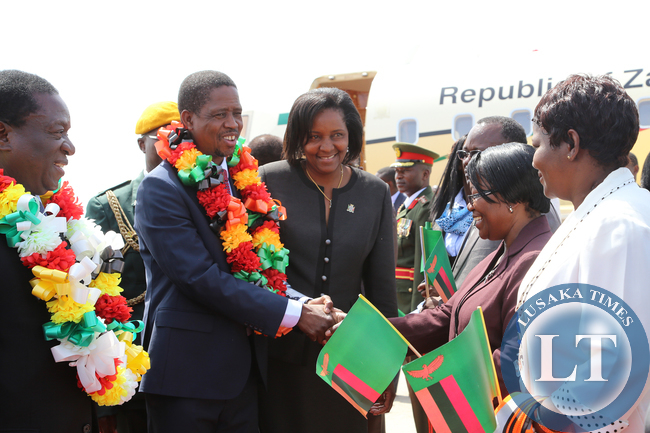 President Edgar Lungu with Zimbabwean vice President Minister Emmerson Mnangagwa at Harare, Zimbabwe. Picture By EDDIE MWANALEZA /STATEHOUSE