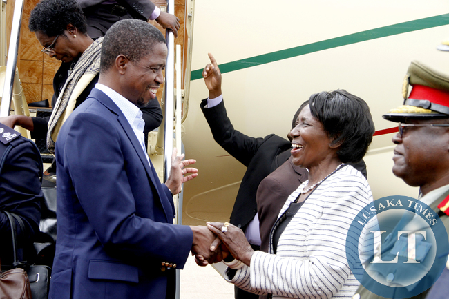 President Lungu being welcomed by Vice-President Inonge Wina on arrival at Kenneth Kaunda International Airport from Addis Ababa, Ethiopia on February 1,2015 -Picture by THOMAS NSAMA