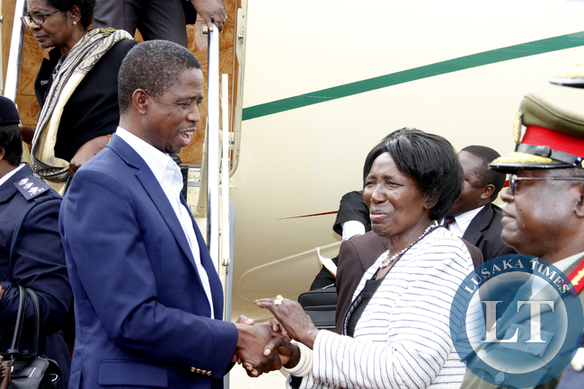 President Lungu being welcomed by Vice-President Inonge Wina on arrival at Kenneth Kaunda International Airport from Addis Ababa, Ethiopia on February 1,2015 -Picture by THOMAS NSAMA