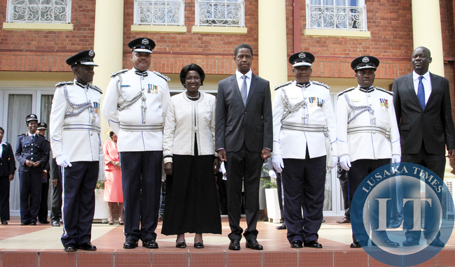 President Edgar Lungu during the Swearing in Ceremony of Mr Malcom Mutale Mulenga Deputy IG, Stanslous Agrippa Mukuka Chewe as Commissioner of Police Northern Province,Mr Hudson Namachila Commissioner of Police Eastern Province,Mr Auxensio Daka Commisione