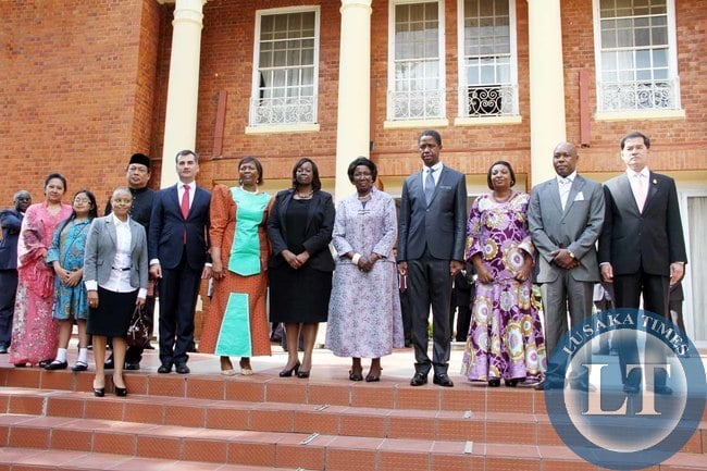 President Lungu diplomats 1002 President Edgar Lungu with Vice-President Inonge Wina and diplomats accredited during the presentation of credentials at Sate House on February 18,2015 -Picture by THOMAS NSAMA