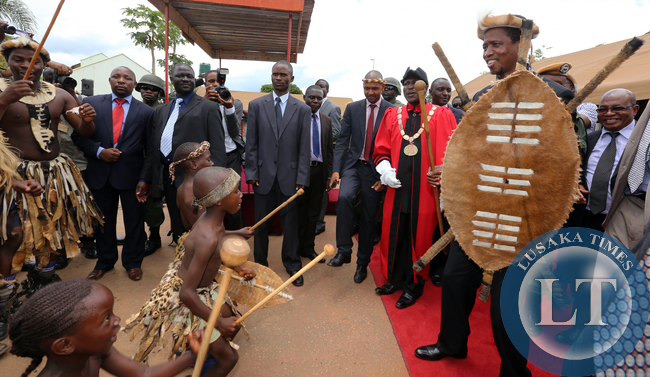 President Edgar Lungu Honourary Freeman of the Chipata joins in the Ngoni dance at the Civic Centre after the Ceremony on Friday 27-02-2015. PICTURE .BY EDDIE MWANALEZA/STATEHOUSE.