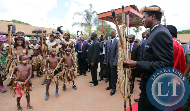 President Edgar Lungu Honourary Freeman of the Chipata joins in the Ngoni dance at the Civic Centre after the Ceremony on Friday 27-02-2015. PICTURE .BY EDDIE MWANALEZA/STATEHOUSE.
