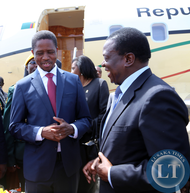 President Edgar Lungu with Zimbabwean vice President Minister Emmerson Mnangagwa at Harare, Zimbabwe. Picture By EDDIE MWANALEZA /STATEHOUSE