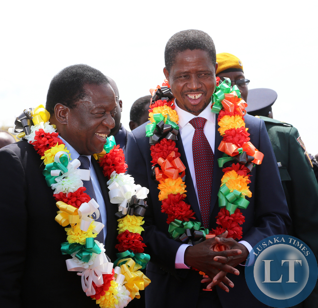 President Edgar Lungu with Zimbabwean vice President Minister Emmerson Mnangagwa at Harare, Zimbabwe. Picture By EDDIE MWANALEZA /STATEHOUSE