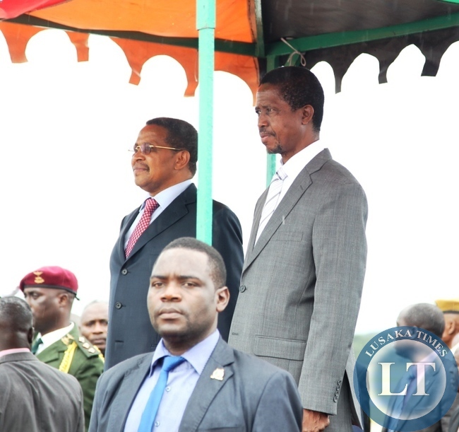 resident of Tanzania,Jakaya Kikwete(left)and his counterpart President Edgar Lungu at the saluting dias during the official visit at Kenneth Kaunda International Airport in Lusaka. resident of Tanzania,Jakaya Kikwete(left)and his counterpart President Edgar Lungu at the saluting dias during the official visit at Kenneth Kaunda International Airport in Lusaka.