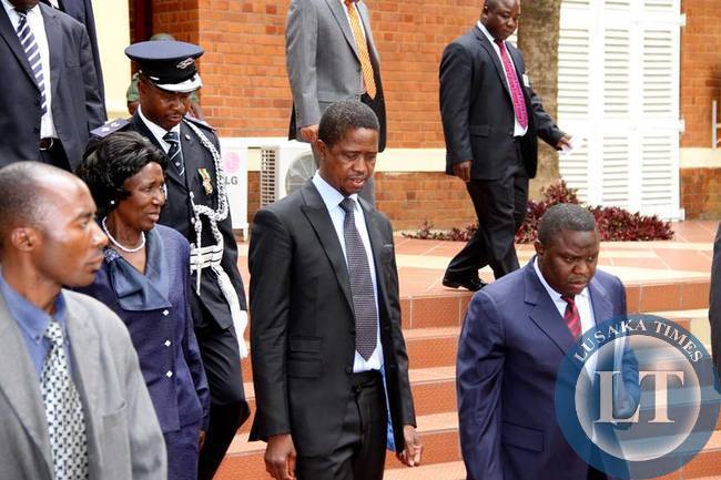 President Edgar Chagwa Lungu with Vice-President Inonge Wina and foreign Affairs minister Harry Kalaba arrives at State House for the Annual greetings ceremony for members of the Diplomatic Corps on February 11,2015 -Picture by THOMAS NSAMA