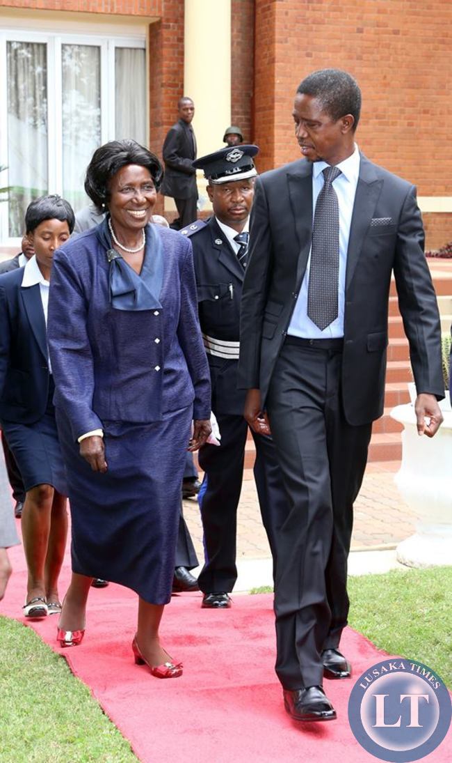 President Edgar Chagwa Lungu with Vice-President Inonge Wina arrives at State House for the Annual greetings ceremony for members of the Diplomatic Corps on February 11,2015 -Picture by THOMAS NSAMA