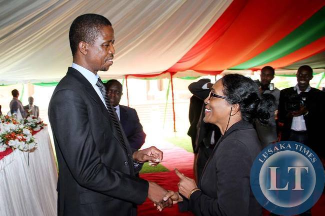 World Bank Country Director Kundhavi Kadiresan talks to President Edgar Lungu during the Annual greetings ceremony by the President for members of the Diplomatic Corps Accredited to Zambia at State House on February 11,2015 -Picture by THOMAS NSAMA