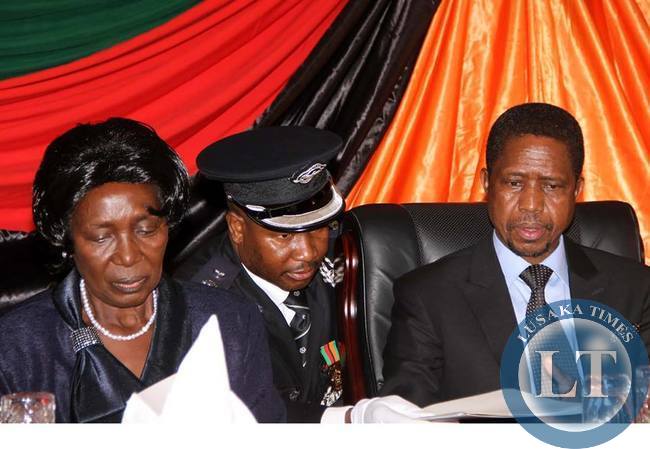 President Edgar Chagwa Lungu with Vice-President Inonge Wina during the Annual greetings ceremony for members of the Diplomatic Corps at State House on February 11,2015 -Picture by THOMAS NSAMA