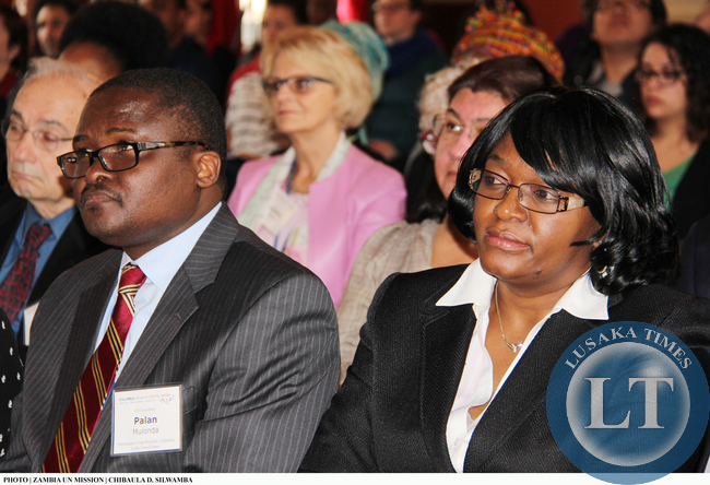Zambia’s Ambassadors to the UN and US, Mwaba Kasese-Bota (right) and Palan Mulonda, respectively, listening to Vice-President Inonge Wina lecture at Columbia University on 11 March, 2015. PHOTO | CHIBAULA D. SILWAMBA | ZAMBIA UN MISSION