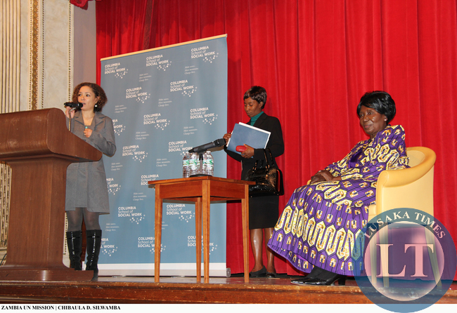 Vice-President Inonge Wina paying attention to the audience posing questions during her lecture at Columbia University on 11 March, 2015. PHOTO | CHIBAULA D. SILWAMBA | ZAMBIA UN MISSION