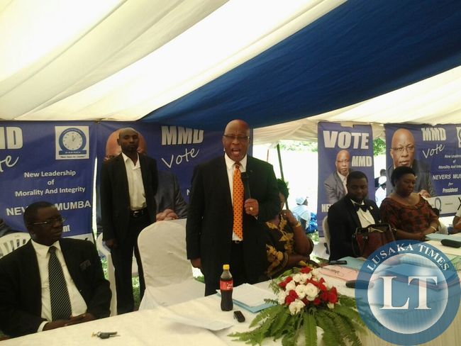 Dr Nevers Mumba stresses a point at the closing ceremony of the national policy conference of the MMD
