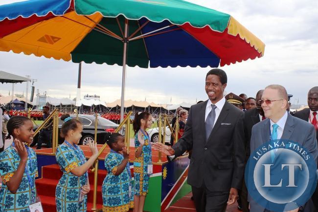 PRESIDENT Edgar Lungu is accompanied former Namibian Ambassador to German Neville Gertze on arrival at the independence stadium for the 25th jubilee independence anniversary and the inauguration of the 3rd of Namibia