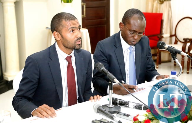 Mr Vincent Mwale Minister of Youth and Sports who is Acting Chief Government Spokesperson with Mr Amos Chanda Special assisstant to the President Presss and Public Relation -Picture By EDDIE MWANALEZA /STATEHOUSE.