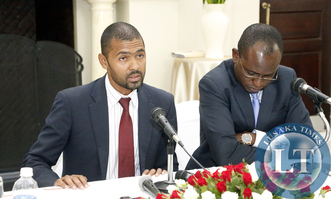 Mr Vincent Mwale Minister of Youth and Sports who is Acting Chief Government Spokesperson with Mr Amos Chanda Special assisstant to the President Presss and Public Relation -Picture By EDDIE MWANALEZA /STATEHOUSE.