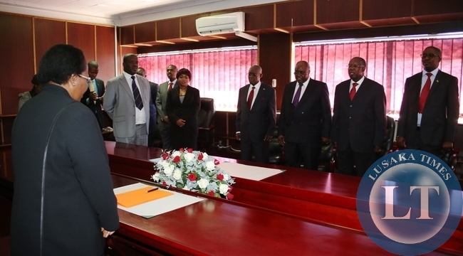CHIEF Justice Ireen Mambilima has sworn in four judges to probe into the former DPP allegations of Mutembo Nchito's case. These are (from left to right) Judges, Anel Silungwe, Mathews Ngulube, Ernest Sakala and Mathews Zulu.