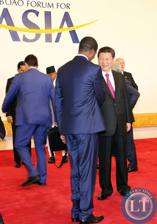President Edgar Lungu greets Chinese Leader Mr Xi Jinping at Asian Boao Forum in China on Saturday for the Annual Summit 28-03-2015 -PICTURE BY EDDIE MWANALEZA/STATEHOUSE.