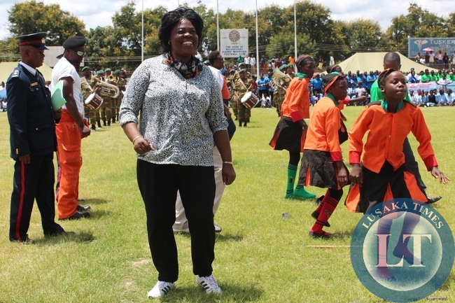 Tourism and arts Minister, Jean Kapata, joins the majorrets as they showcase their skills during this year's youth day celebrations at Godfrey Chitalu Stadium in kabwe Tourism and arts Minister, Jean Kapata, joins the majorrets as they showcase their skills during this year's youth day celebrations at Godfrey Chitalu Stadium in kabwe