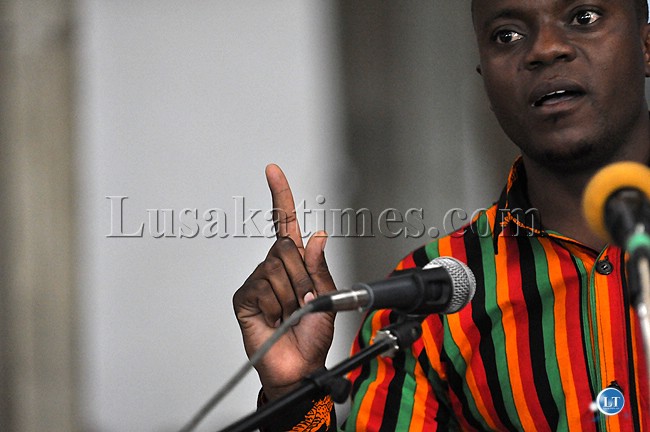 Forum for Democracy and Development spokesperson Antonio Mwanza stresses a point during the meeting to demand for the release of the draft Zambian constitution