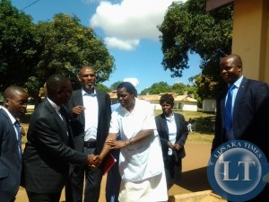 Parliamentary committee on health chairperson Likando Mufalali being welcomed by nurse in-charge of mothers shelter at Chipata General Hospital
