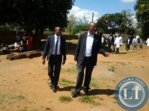 Mbala MP Mwalimu Simfukwe with Chipata General Hospital administrator Webster Chisaka during the tour of the parliamentary committee on health at the institution