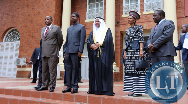 President Edgar Lungu with Mr Harry Kalaba Foreign Affairs Minister and Ambassador Abdullar Abdulrahman Rashed Alowaifeers From Saudi Arabia, Mr Lebonaamang Thanda Mokalake High Commissioner of Botwana and MS Sikote Ntombazana Mji High Comissioner of South Africa at Statehouse during the Presantation of Credentials to the President in Lusaka on Thursday 23rd April 2015.PICTURE BY EDDIE MWANALEZA/ STATEHOUSE.