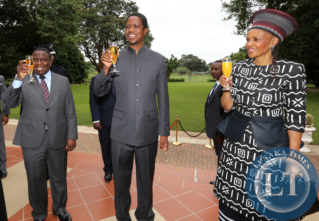 President Edgar Lungu with Mr Harry Kalaba Foreign Affairs Minister and MS Sikote Ntombazana Mji High Comissioner of South Africa at Statehouse during the Presantation of Credentials to the President in Lusaka on Thursday 23rd April 2015.PICTURE BY EDDIE MWANALEZA/ STATEHOUSE.