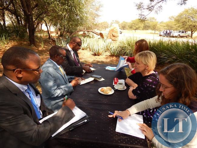 DEPUTY Foreign Affairs Minister, Mr. Rayford Mbulu (Centre) during a bilateral meeting with Swedish Foreign Minister, Ms. Margot Wallstrom at Legends Golf Safari Resort in Limpopo, South Africa on Friday, 10th April, 2015. With Mr. Mbulu are Assistant Director in charge of Development Cooperation at the Ministry of Foreign Affairs, Mr. Sylvester Mundanda, and First Secretary in charge of Economic and Trade at the Zambian High Commission in South Africa, Mr. Mande Kauseni (close to camera). The Swedish Minister was accompanied by her Political Advisor, Ms. Laila Naraghi and Deputy Head of the Africa Department in the Swedish Ministry of Foreign Affairs, Ms. Anna Craenen.