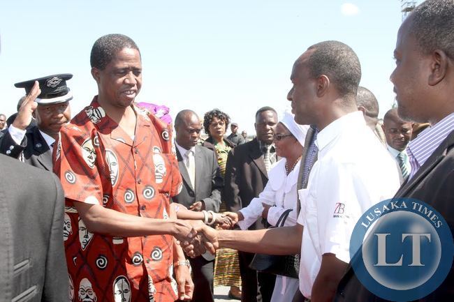 President Edgar Chagwa Lungu being welcomed by State House Deputy minister Mulenga Sata on arrival at Kennneth Kaunda International Airport from Livingstone on May 10,2015 -Picture by THOMAS NSAMA