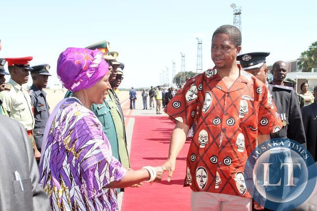 President Edgar Chagwa Lungu being welcomed by Vice-President Inonge Wina on arrival at Kennneth Kaunda International Airport from Livingstone on May 10,2015 -Picture by THOMAS NSAMA President Edgar Chagwa Lungu being welcomed by Vice-President Inonge Wina on arrival at Kennneth Kaunda International Airport from Livingstone on May 10,2015 -Picture by THOMAS NSAMA