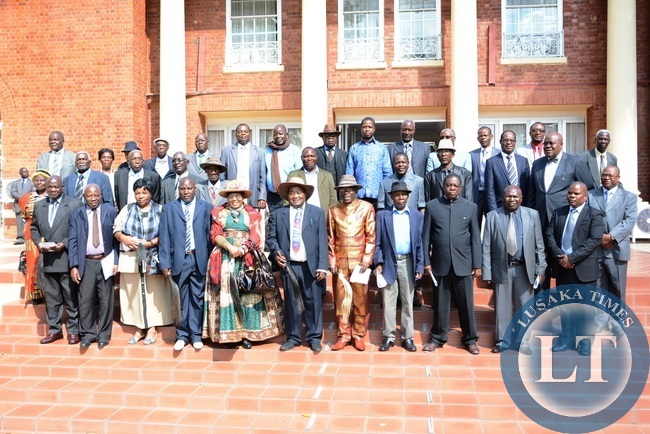 President Edgar Lungu (in light blue shirt centre) pose for a photography with Southern Province Chiefs at State House