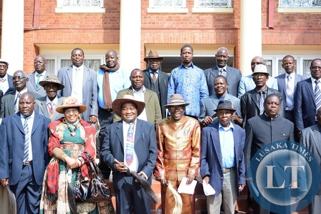 President Edgar Lungu (in light blue shirt centre) pose for a photography with Southern Province Chiefs at State House