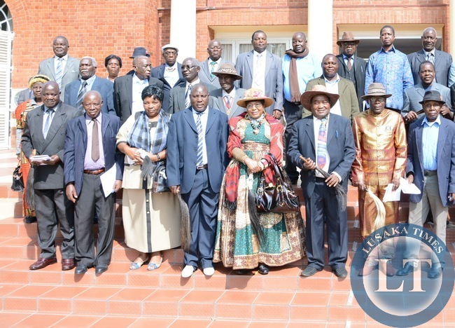 President Edgar Lungu (in light blue shirt 2nr up) pose for a photography with Southern Province Chiefs at State House President Edgar Lungu (in light blue shirt 2nr up) pose for a photography with Southern Province Chiefs at State House