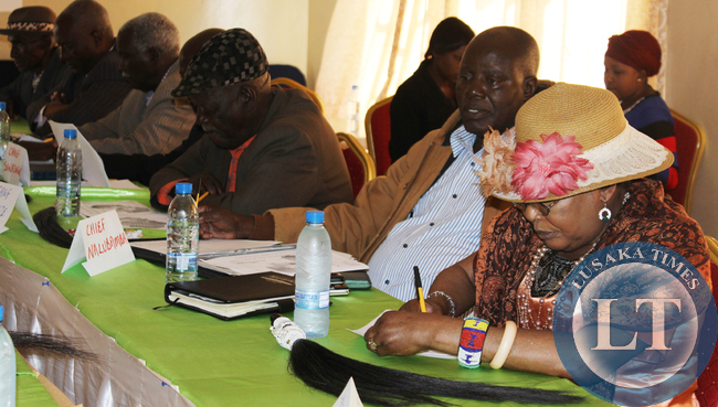 CHIEFTAINESS Mwenda (right) of Chikankanta, Chief Nalubamba of Namwala and Chief Monze among other traditional leaders attending a two-day Safe Motherhood orientation workshop in Choma