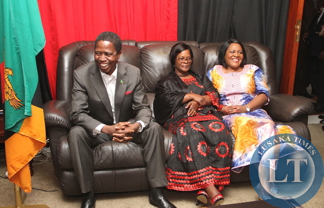 President Edgar Lungu with First Lady Esther Lungu and the Spouse of the outgoing Zambia's High Commissioner to South Africa Musonda Chikonde on arrival at the High commissioner's residence where the Head of State addressed Zambian based in South Africa on June 13,2015 -Picture by THOMAS NSAMA