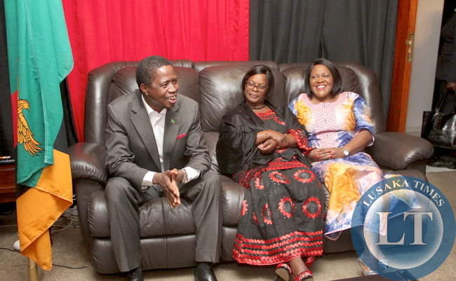 President Edgar Lungu with First Lady Esther Lungu and the Spouse of the outgoing Zambia's High Commissioner to South Africa Musonda Chikonde on arrival at the High commissioner's residence where the Head of State addressed Zambian based in South Africa on June 13,2015 -Picture by THOMAS NSAMA