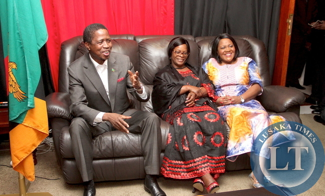 President Edgar Lungu with First Lady Esther Lungu and the Spouse of the outgoing Zambia's High Commissioner to South Africa Musonda Chikonde on arrival at the High commissioner's residence where the Head of State addressed Zambian based in South Africa on June 13,2015 -Picture by THOMAS NSAMA